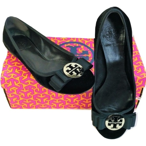 TORY BURCH JESSICA BLACK VELVET BOW SILVER FLATS - Picture 2 of 8